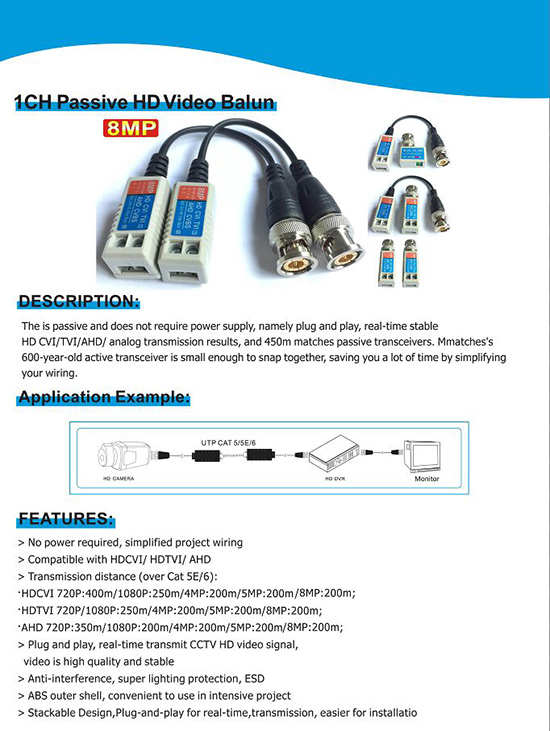 1CH Passive HD Video Balun 8MP