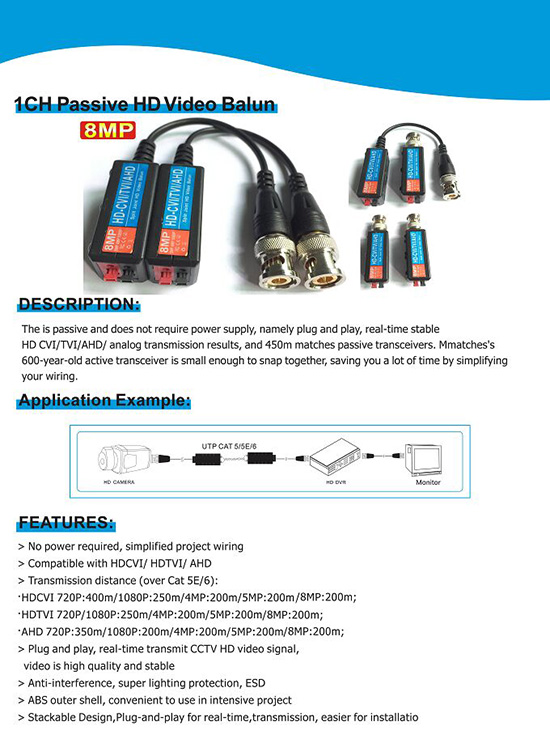 1CH Passive HD Video Balun 8MP